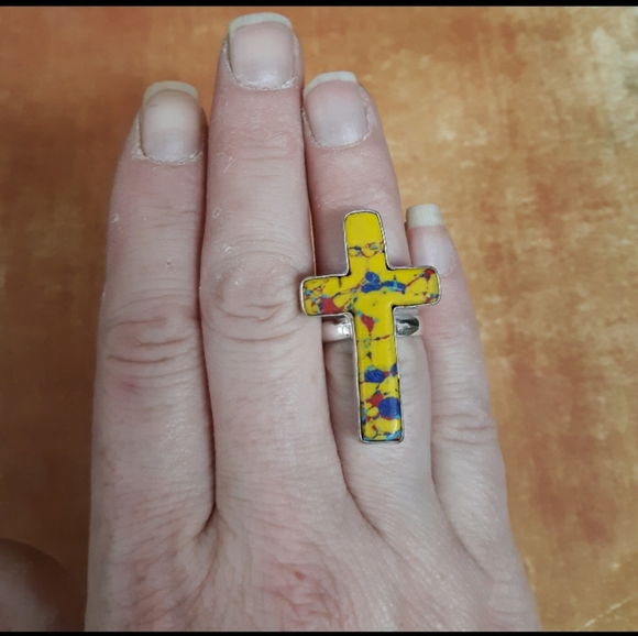 New Mosaic Balloon Jasper 925 Silver Cross Ring. - Picture 6 of 8